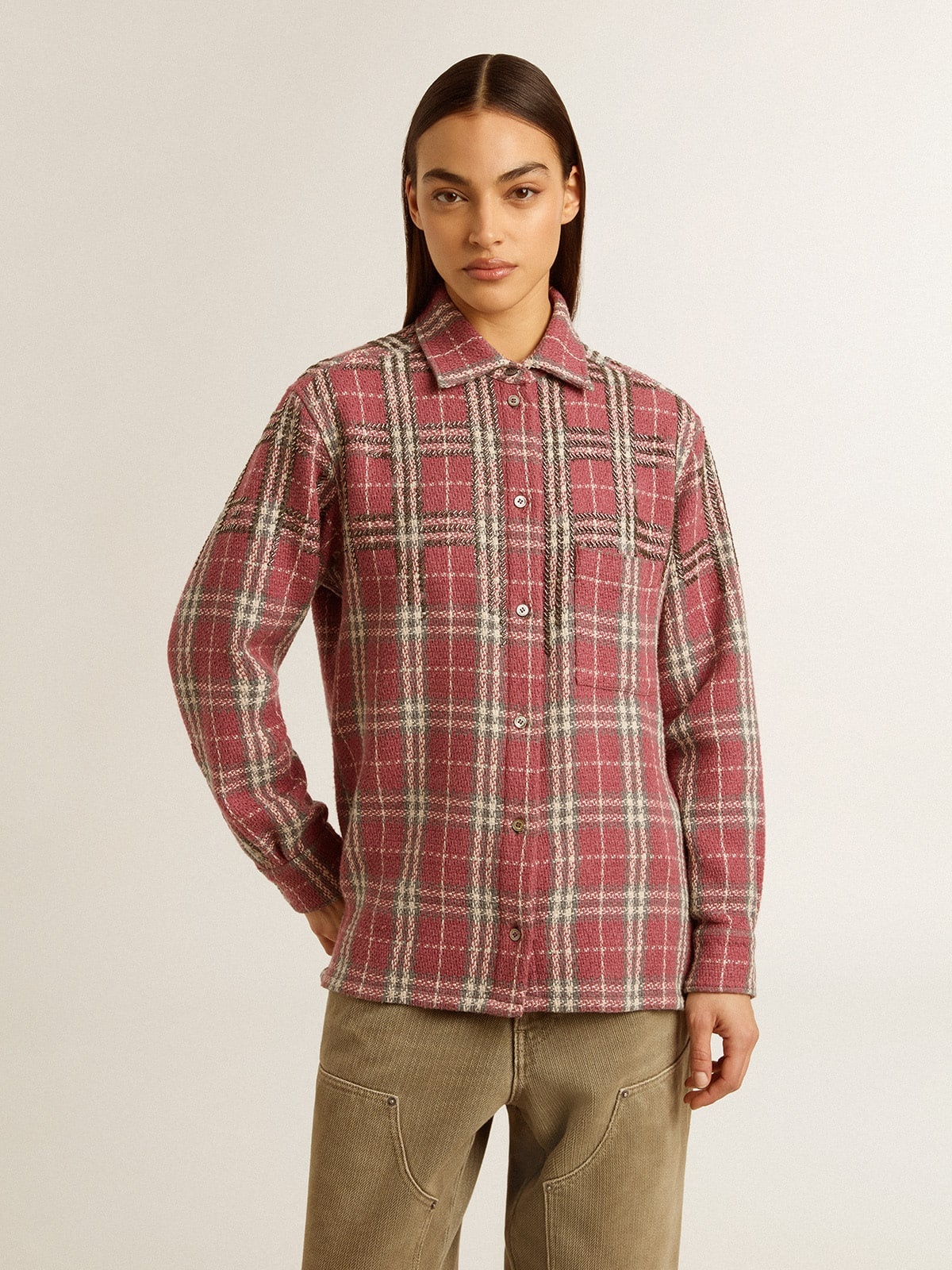 Women's shirt with pink, sand and gray check embroidery - 3