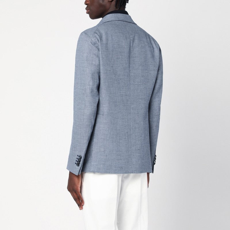 TAGLIATORE - Tagliatore Light Blue Single-Breasted Jacket In Linen And Cotton Men - 2
