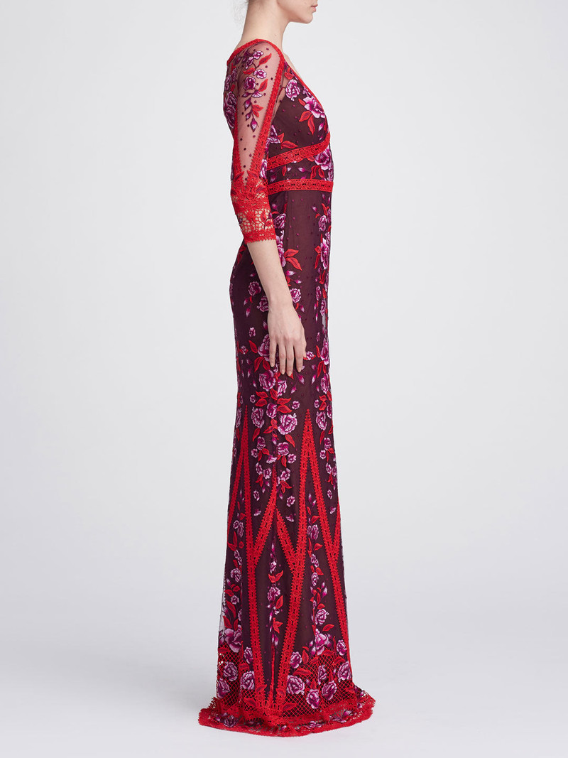 Marchesa V-NECK LACE GOWN outlook