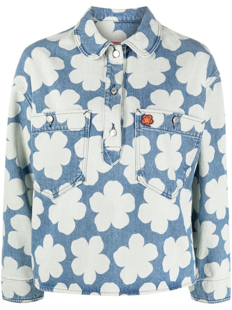 Hana Dots-print denim polo shirt - 1