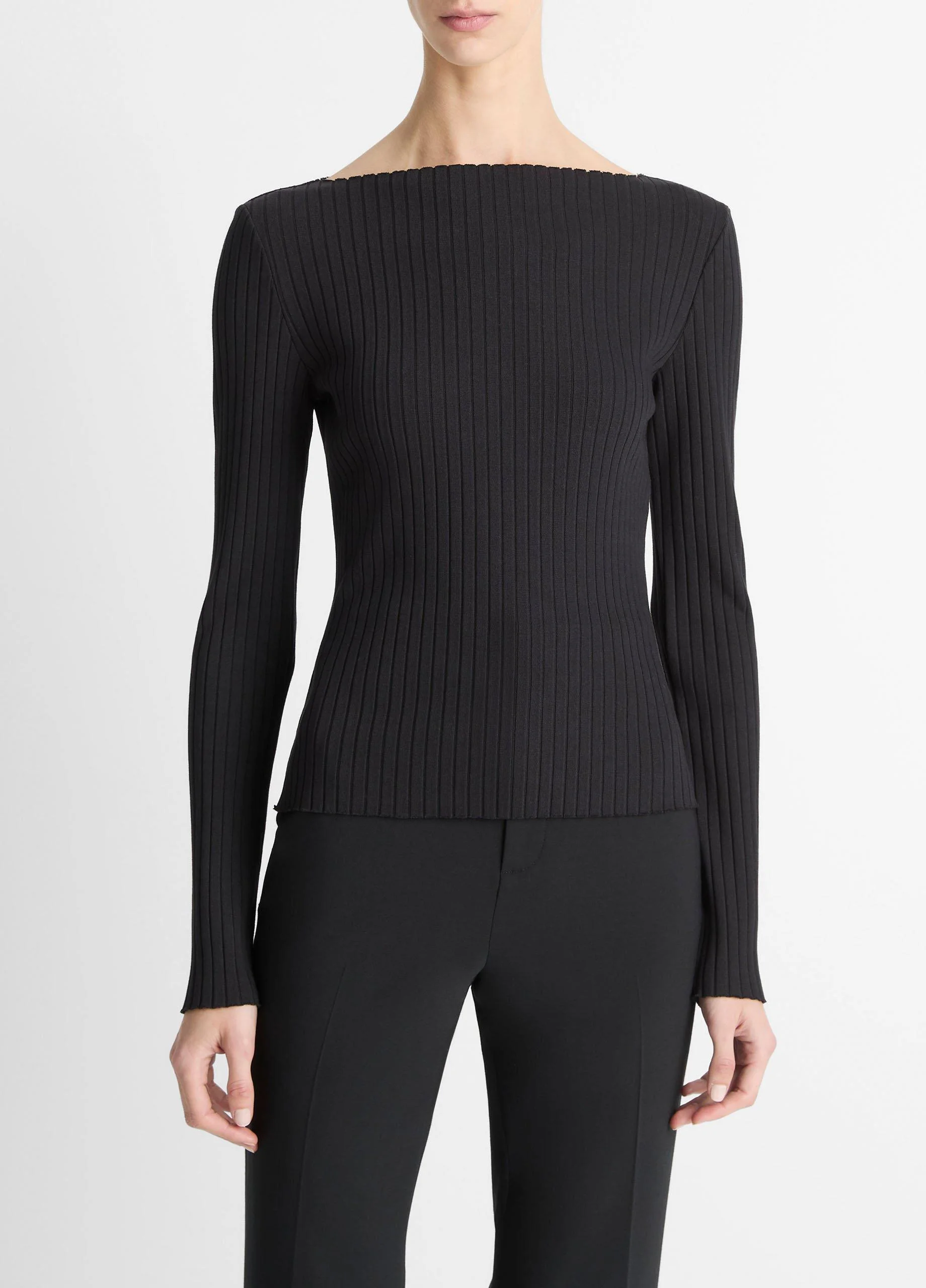 Ribbed Cotton-Blend Slash-Neck Long-Sleeve Top - 1