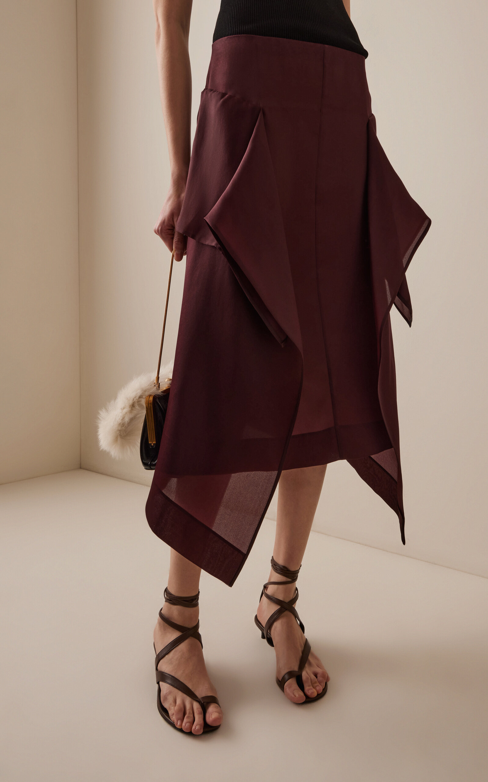 Nina Draped Silk-Organza Midi Skirt burgundy - 3