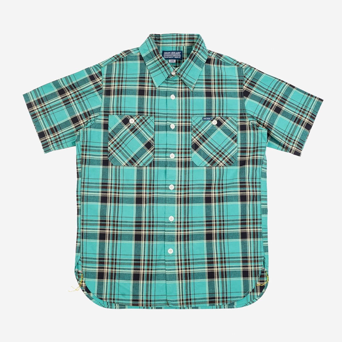 IHSH-360-GRN 5oz Selvedge Madras Check Short Sleeve Work Shirt - Green - 1
