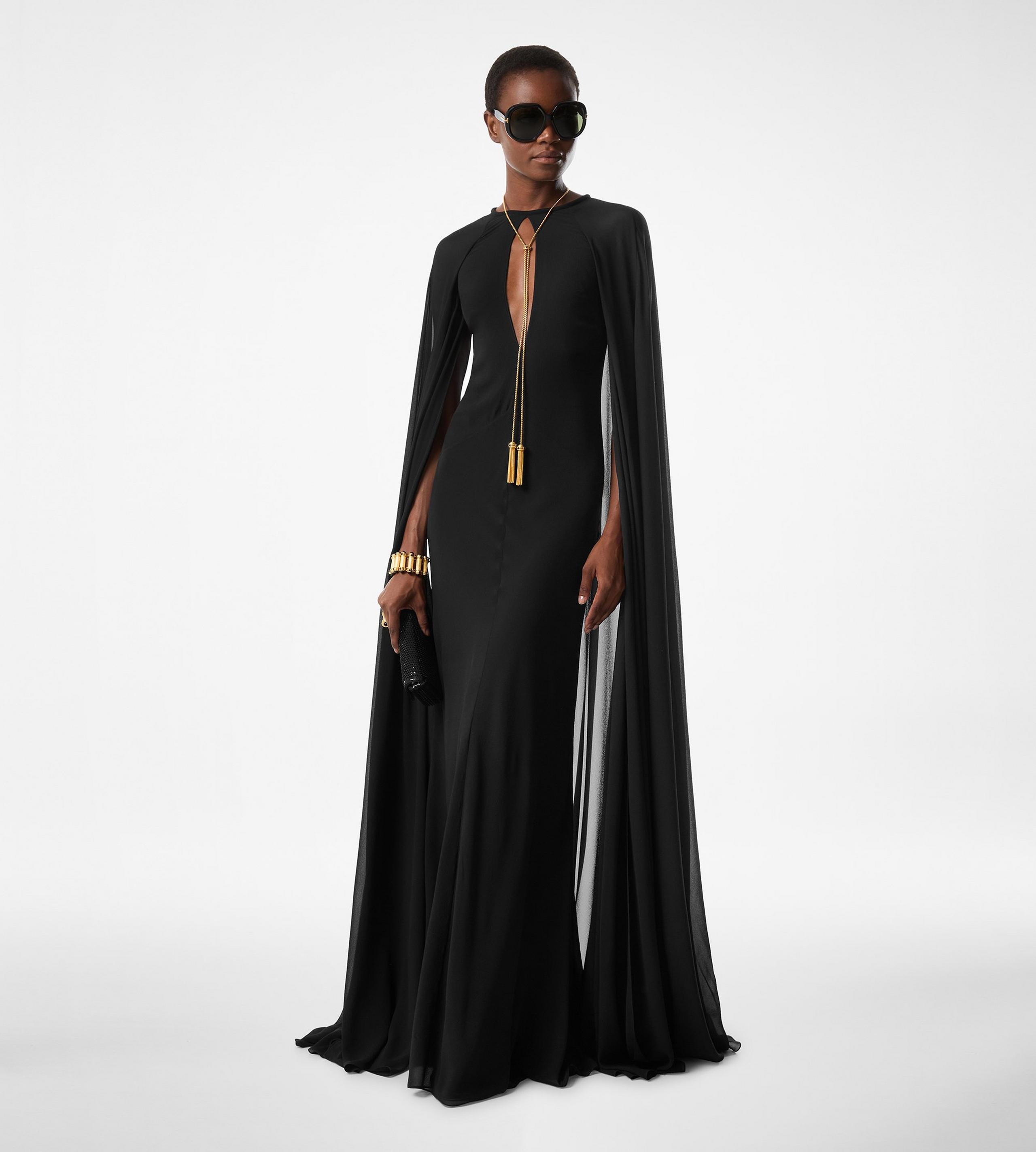 EVENING DRESS WITH KEYHOLE NECKLINE AND LONG CAPE SLEEVES - 3