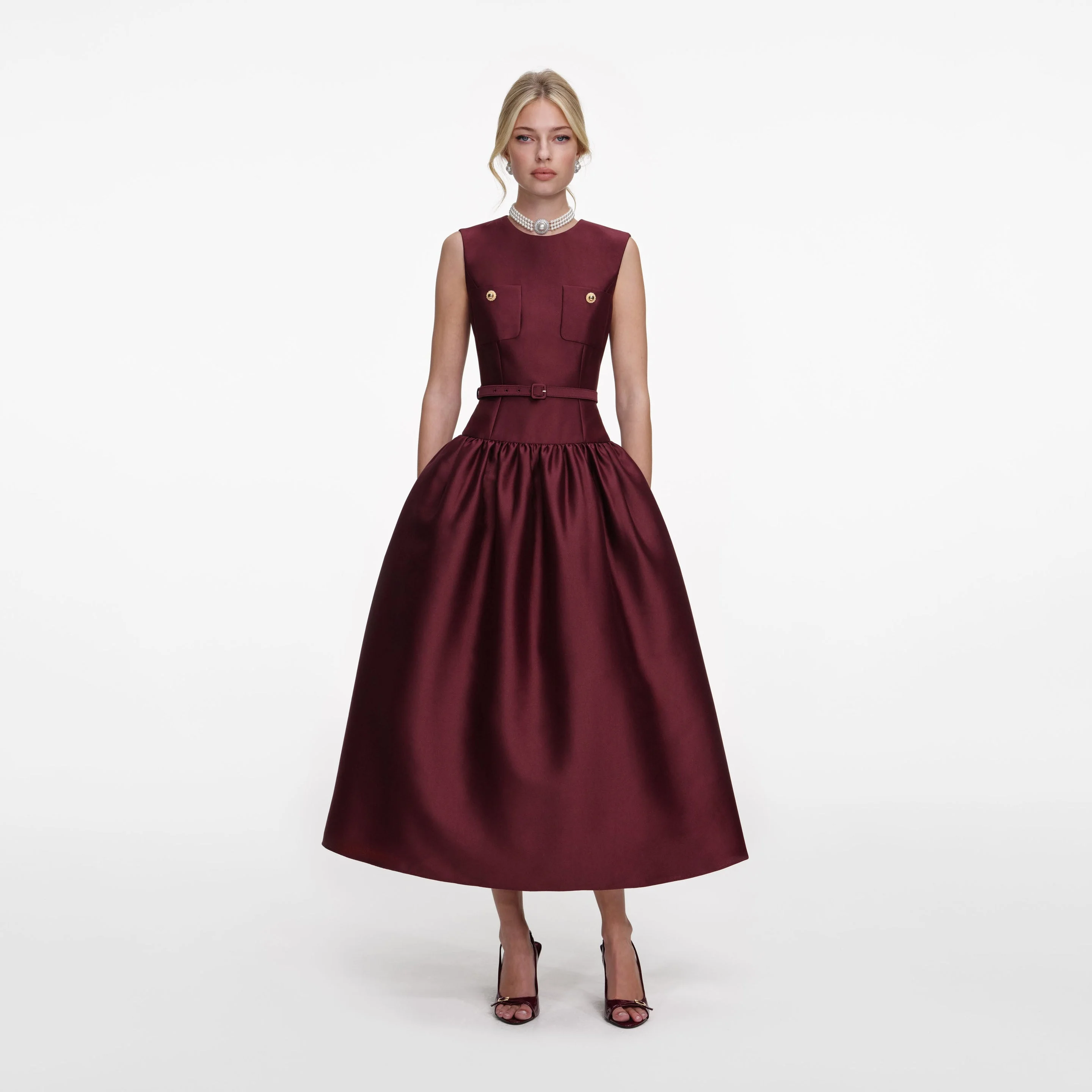 Burgundy Taffeta Midi Dress - 1