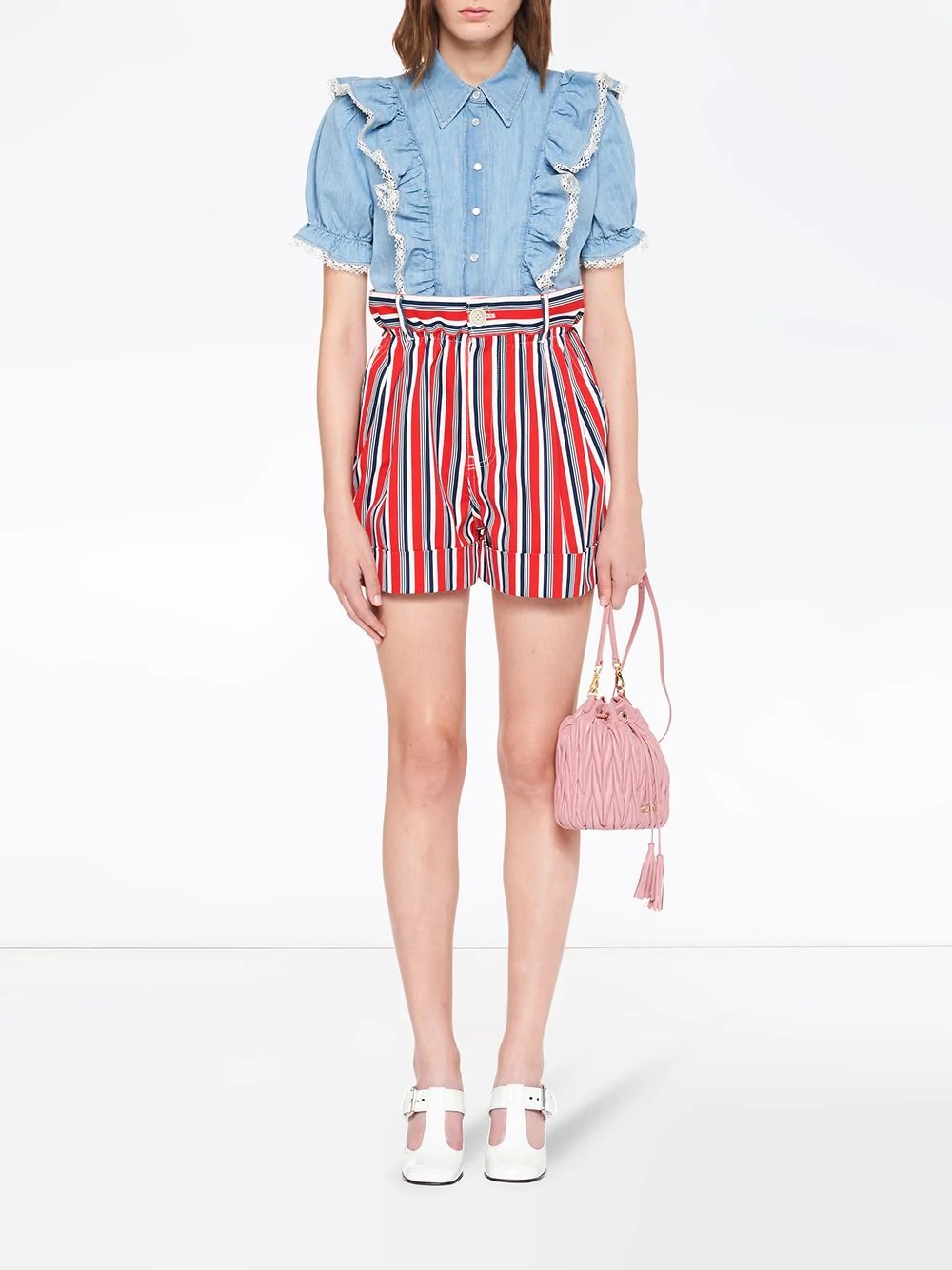 striped gathered denim shorts - 2