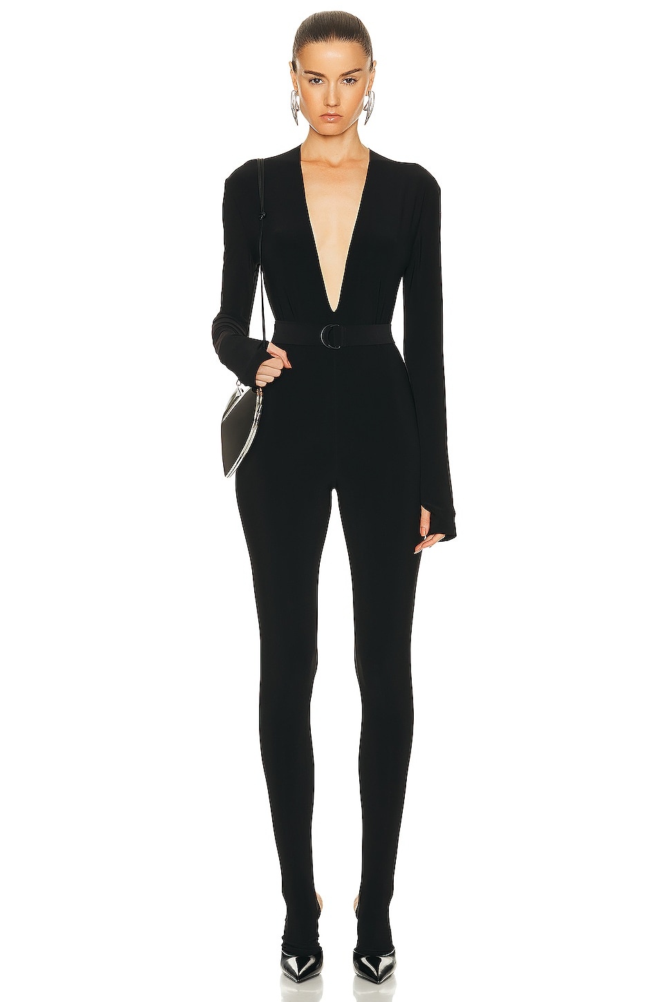 Long Sleeve Deep V Neck Catsuit - 1