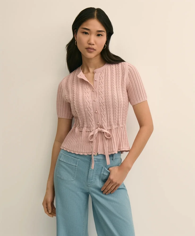 Short-Sleeve Pointelle Peplum Cardigan - 1