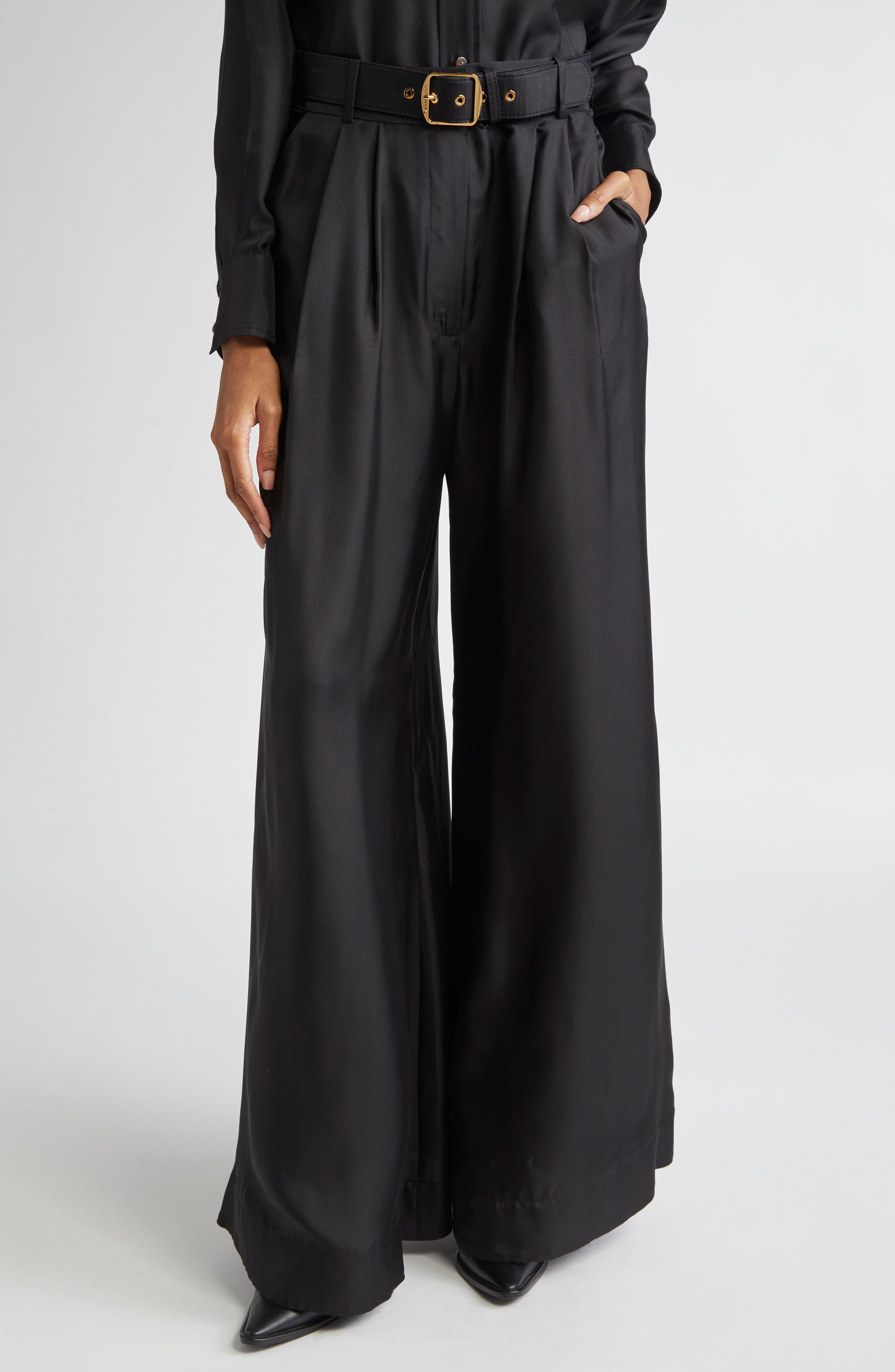 Zimmermann Belted Pleated Wide Leg Silk Trousers in Black at Nordstrom - 1