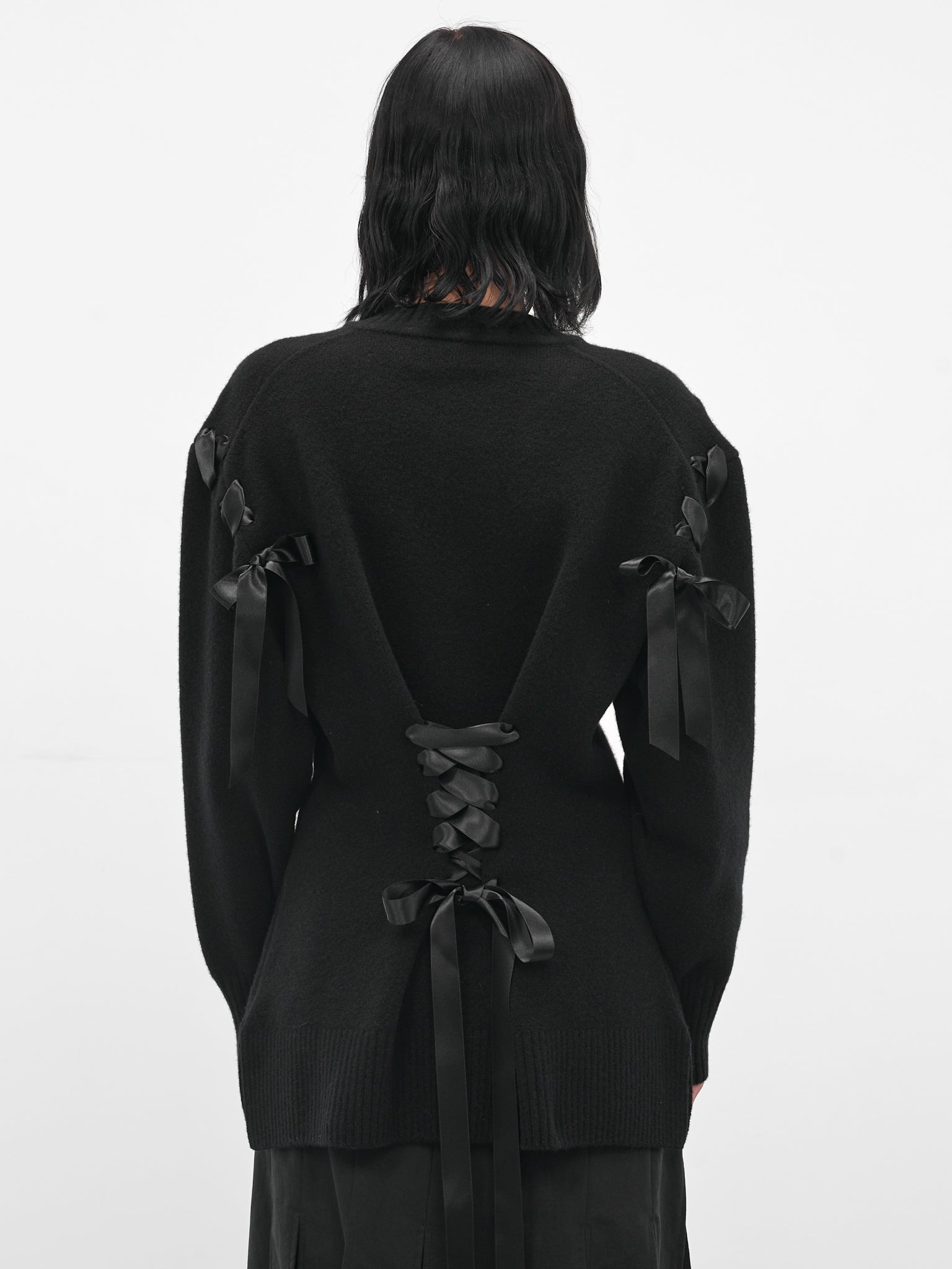 Black Wool Ribbon Corset Cardigan - 3