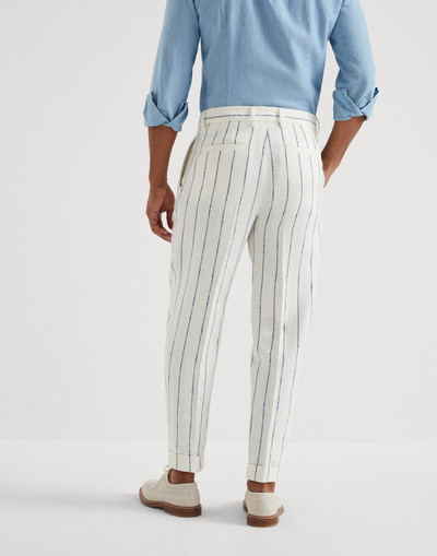 Brunello Cucinelli Linen, wool and silk chalk stripe easy fit trousers with double pleats and waist tabs outlook