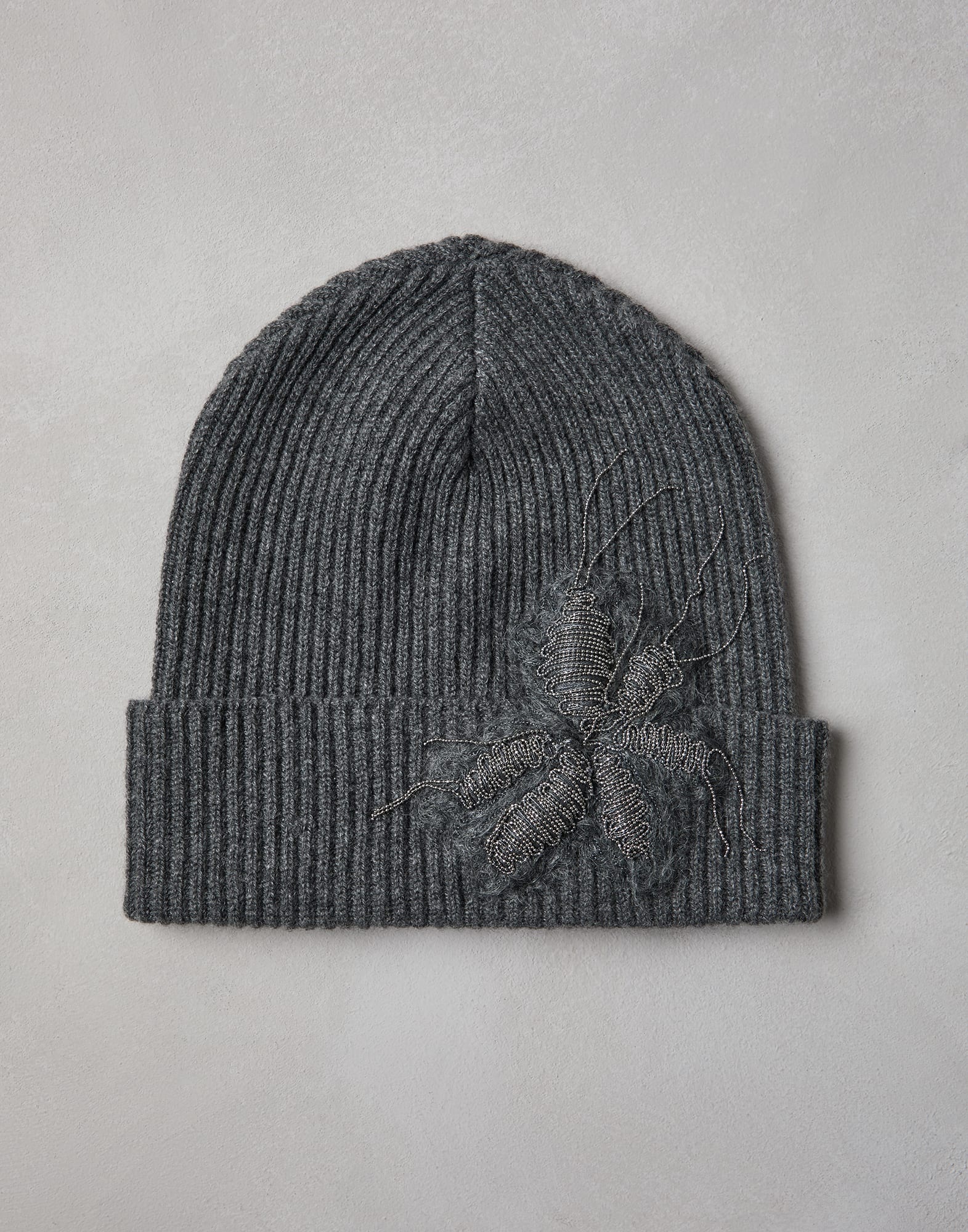 Cashmere rib knit beanie with precious flower crest - 1