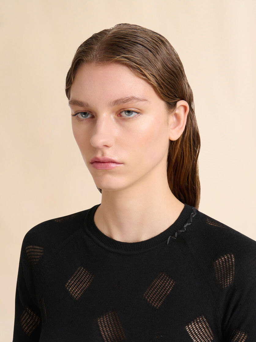 BLACK WOOL-SILK KNIT OPENWORK TOP - 4