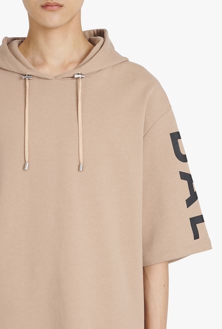 Oversized sand-colored eco-designed cotton hooded sweatshirt with black Balmain logo print - 6