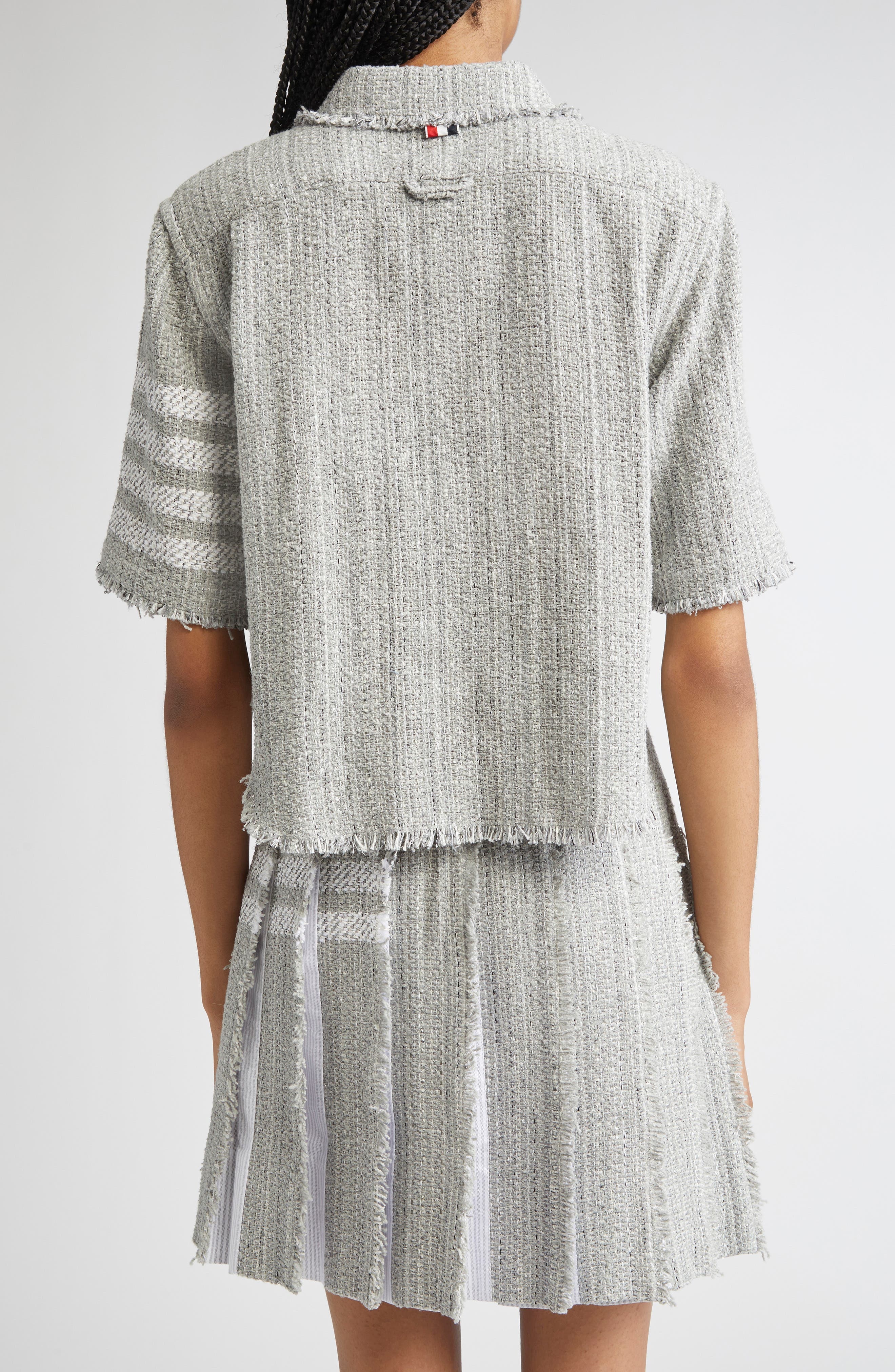 Thom Browne 4-Bar Short Sleeve Eyelash Tweed Crop Shirt Jacket in Medium Grey at Nordstrom - 3