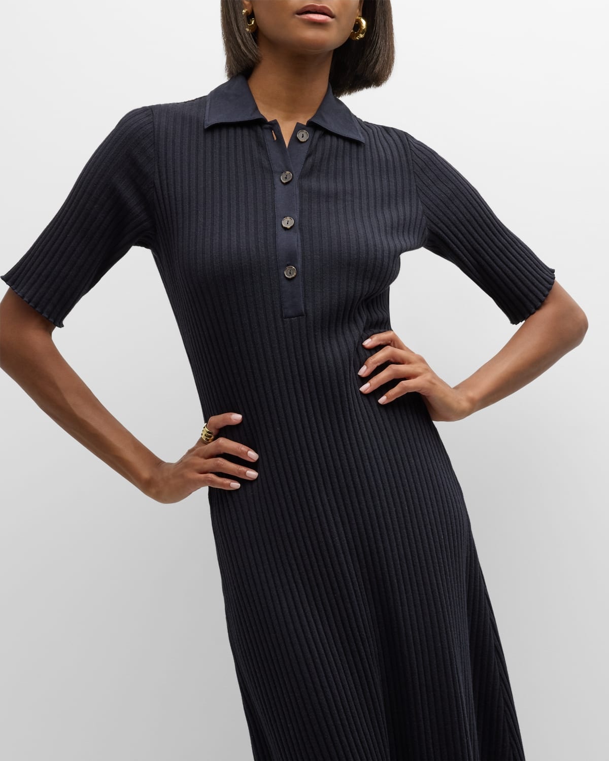 Ribbed Elbow-Sleeve Polo Midi Dress - 7