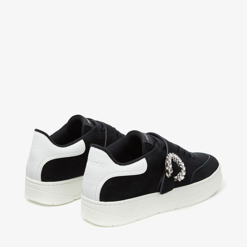 Osaka Lace Up Black Suede and White Calf Leather Low Top Trainers with Crystal Buckle 6