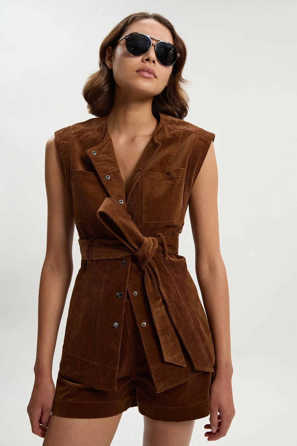 Stretch Cord Belted Sleeveless Jacket - 1