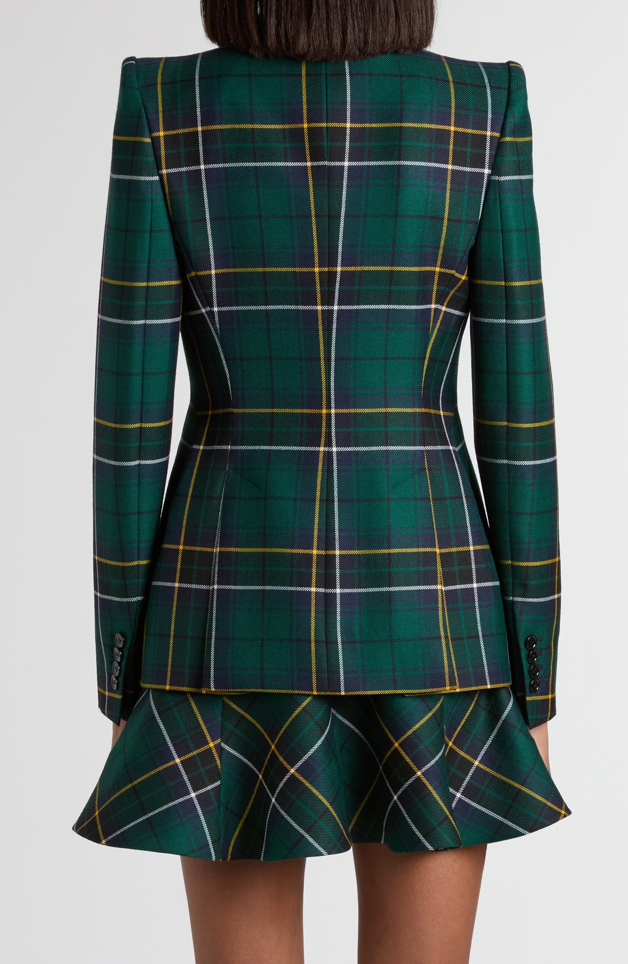 McQueen Tartan Peak Shoulder Wool Blazer in Navy-Green-Yellow at Nordstrom - 2