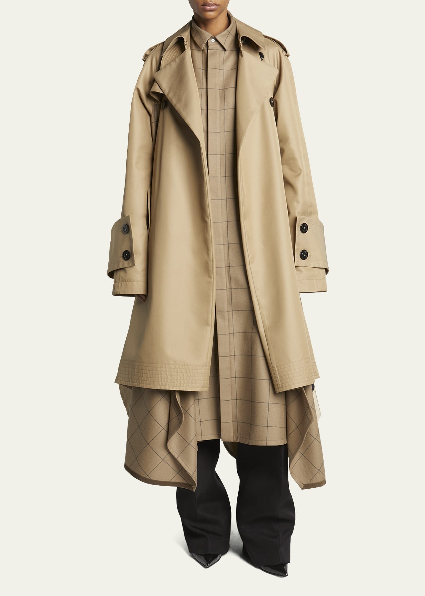 Collared Trench Coat with Windowpane Print Underlay - 2