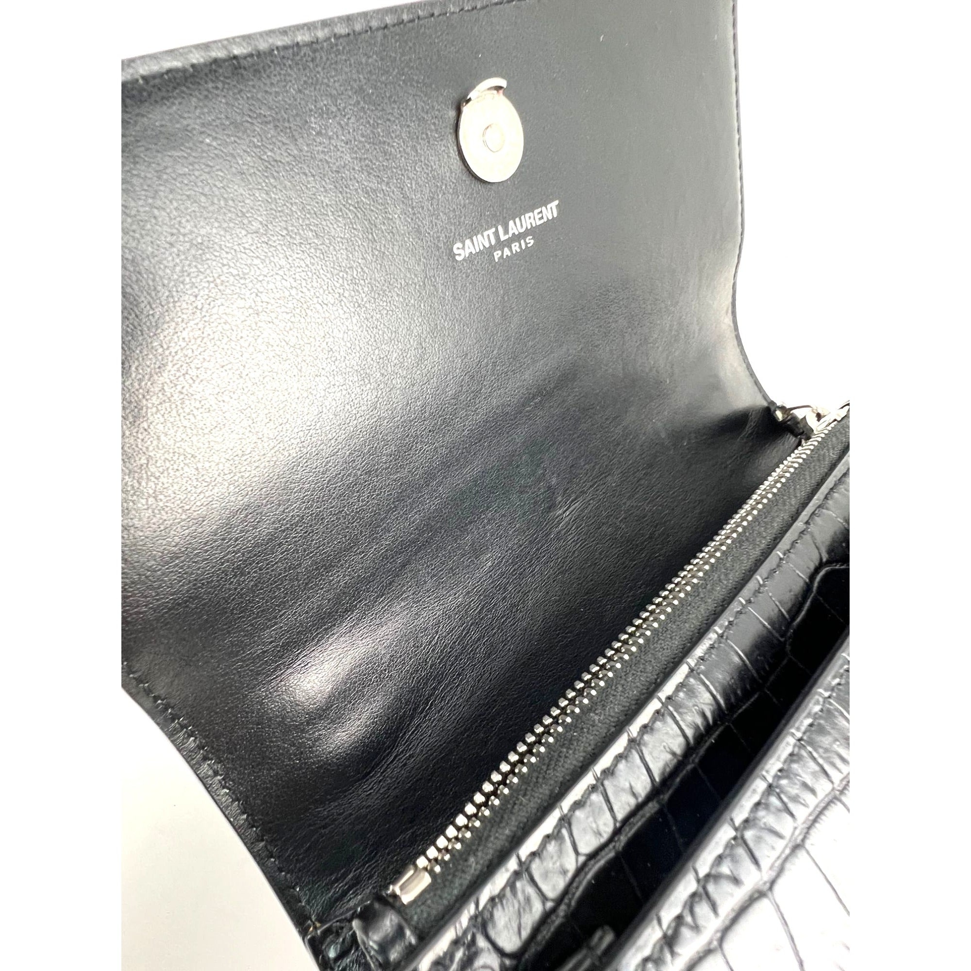 Saint Laurent Black Leather Sunset Wallet on a Chain Crocodile Embossed Bag - 10