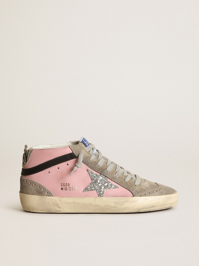Mid Star LTD sneakers in pink leather with silver glitter star and black leather flash - 1
