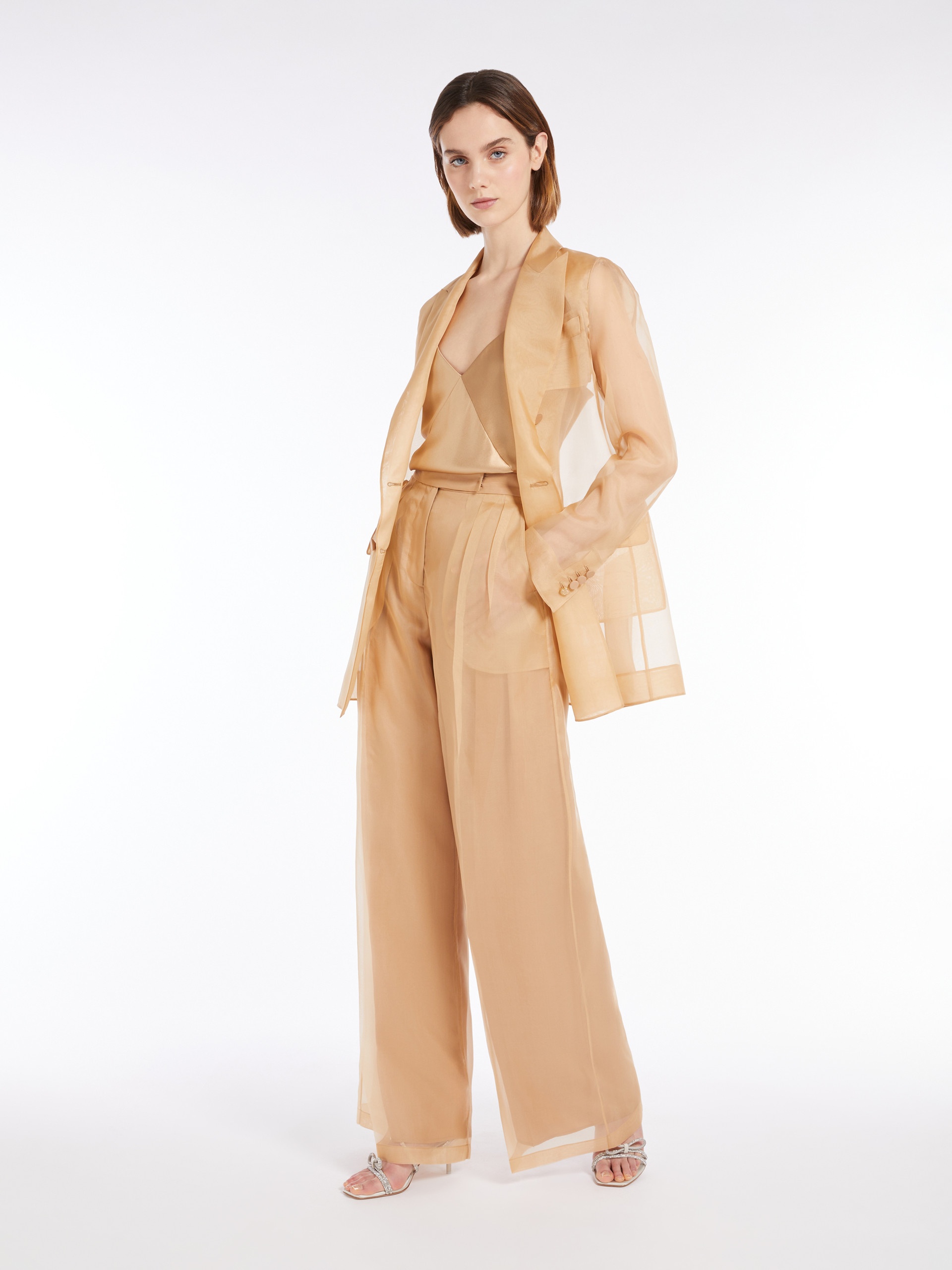ジャケット Max Mara Esopo Double-Breasted Jacket In Organza Silk organza double-breasted blazer, camel | 