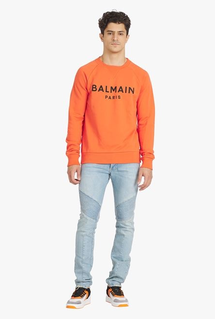 Orange cotton sweatshirt with black Balmain Paris logo print - 2