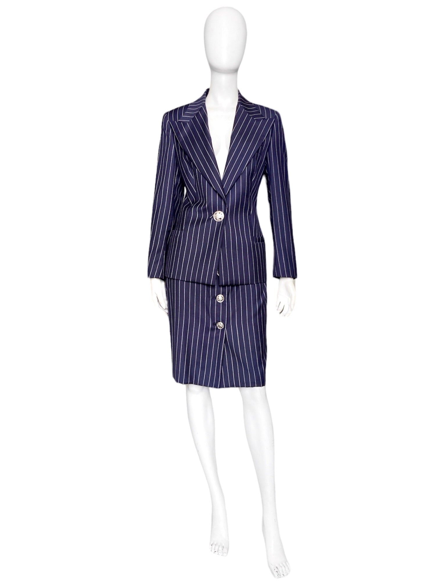 Gianni Versace Spring 1995 Navy Double Pinstriped Wrap Skirt Suit 42 - 3