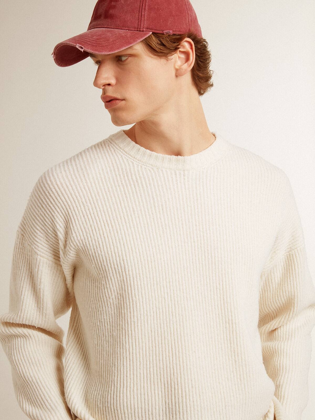 Men's crew-neck sweater in worn white ribbed wool - 5