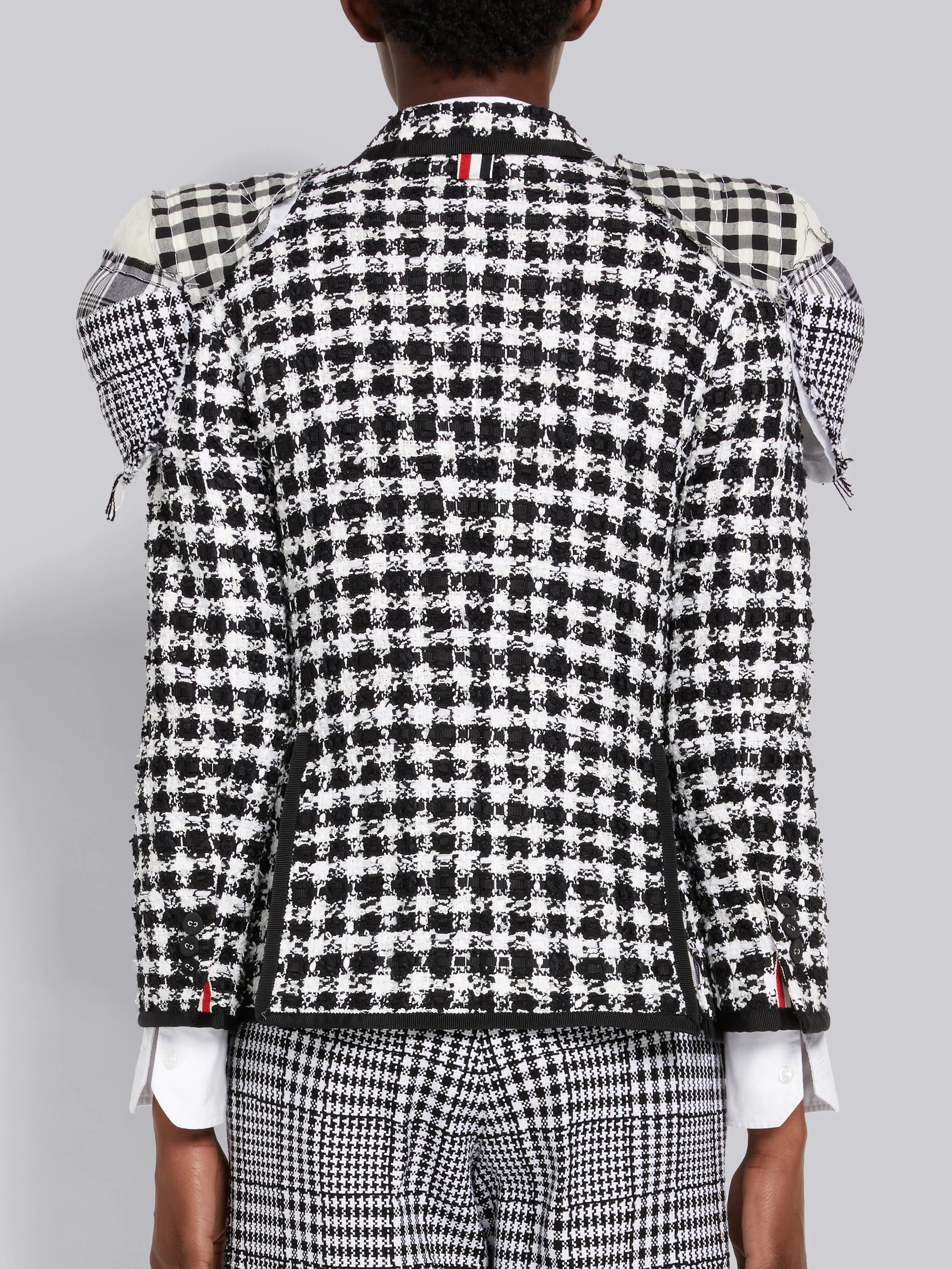 Black and White Gingham Check Tweed Grosgrain Tipping Stacked Shoulder Pad Classic Jacket - 3