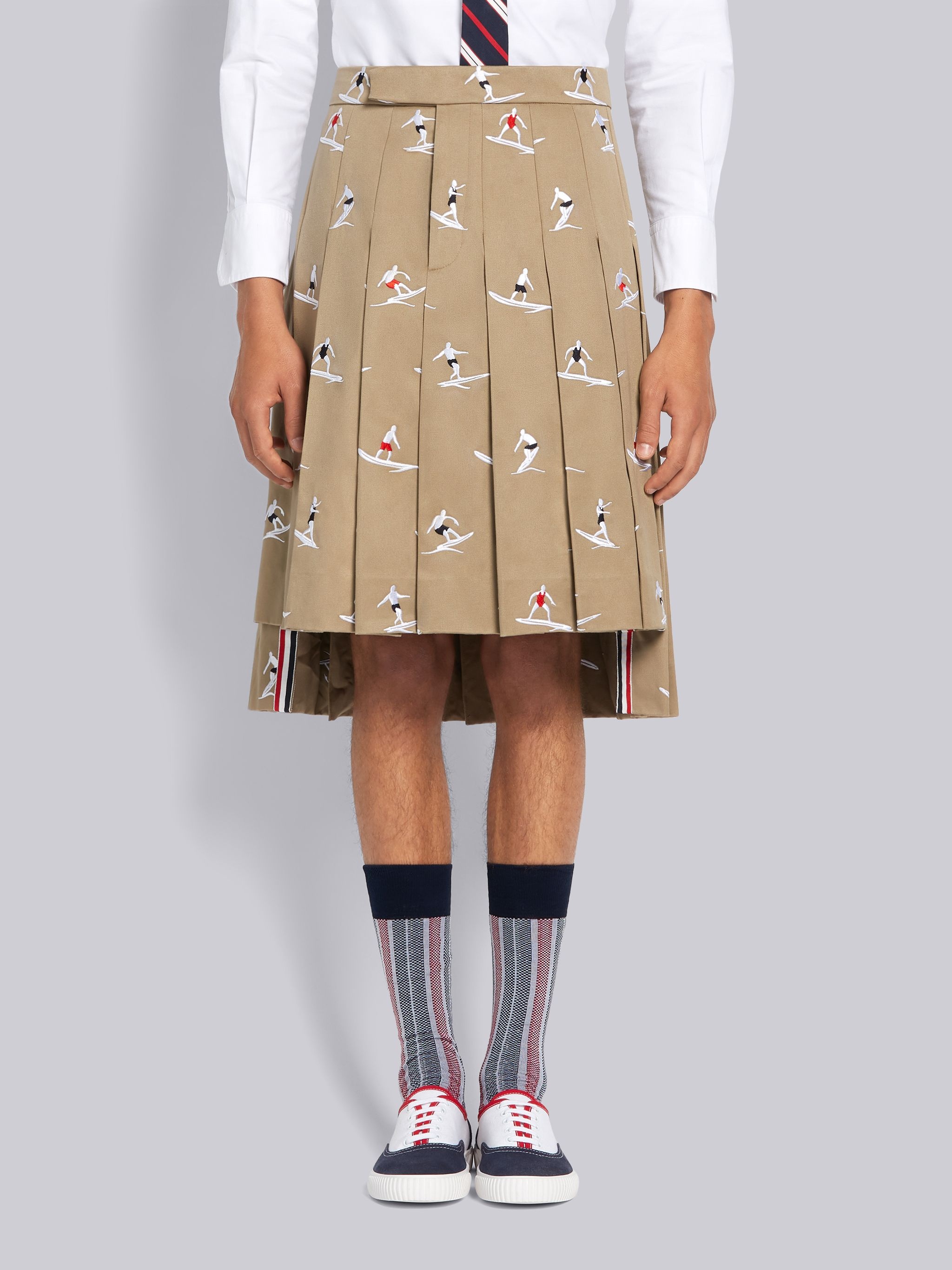 Khaki Cotton Twill Half Drop Surfers Embroidered Classic Knee Length Pleated Skirt - 1