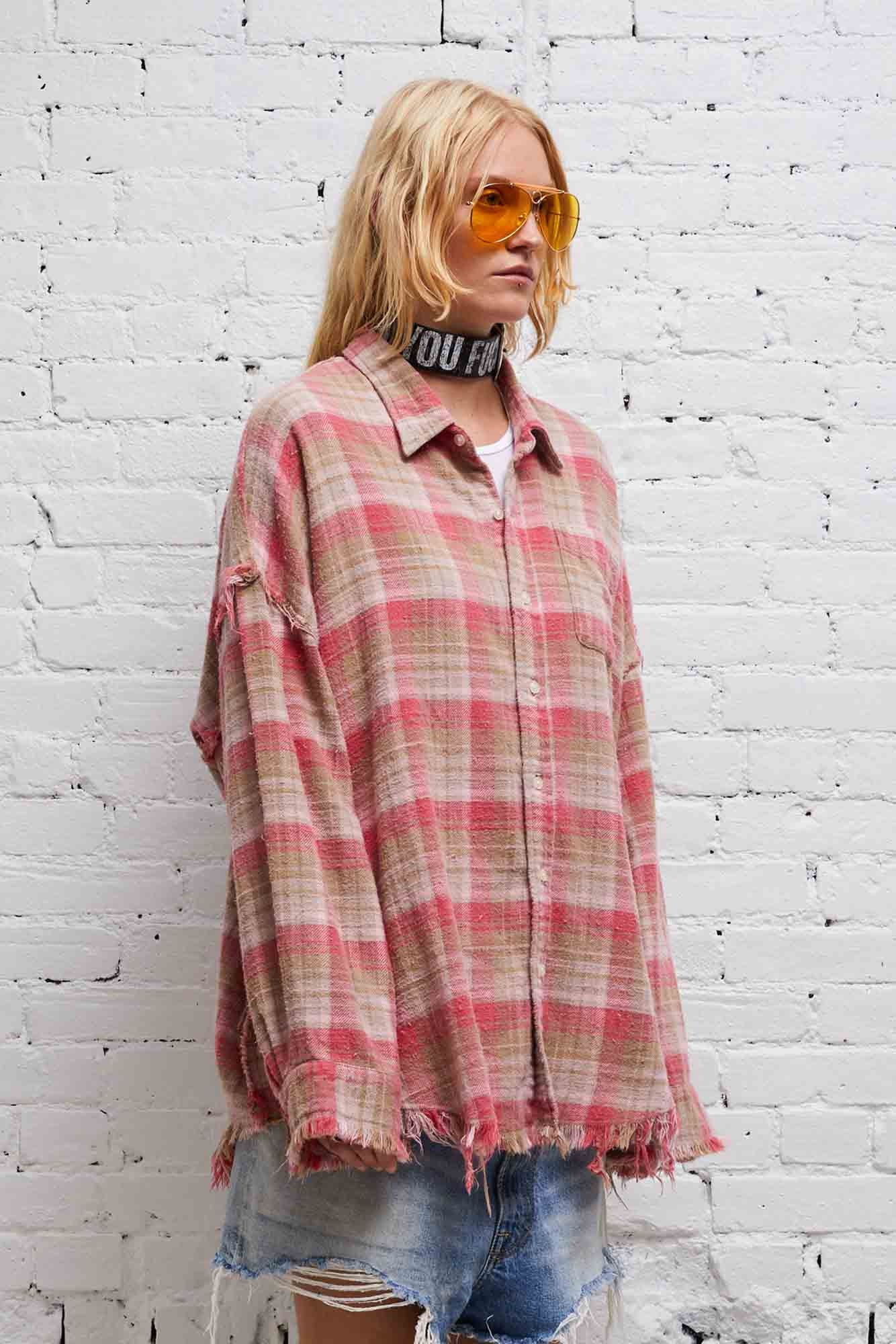 SHREDDED SEAM DROP NECK SHIRT - OVERDYED PINK PLAID - 3
