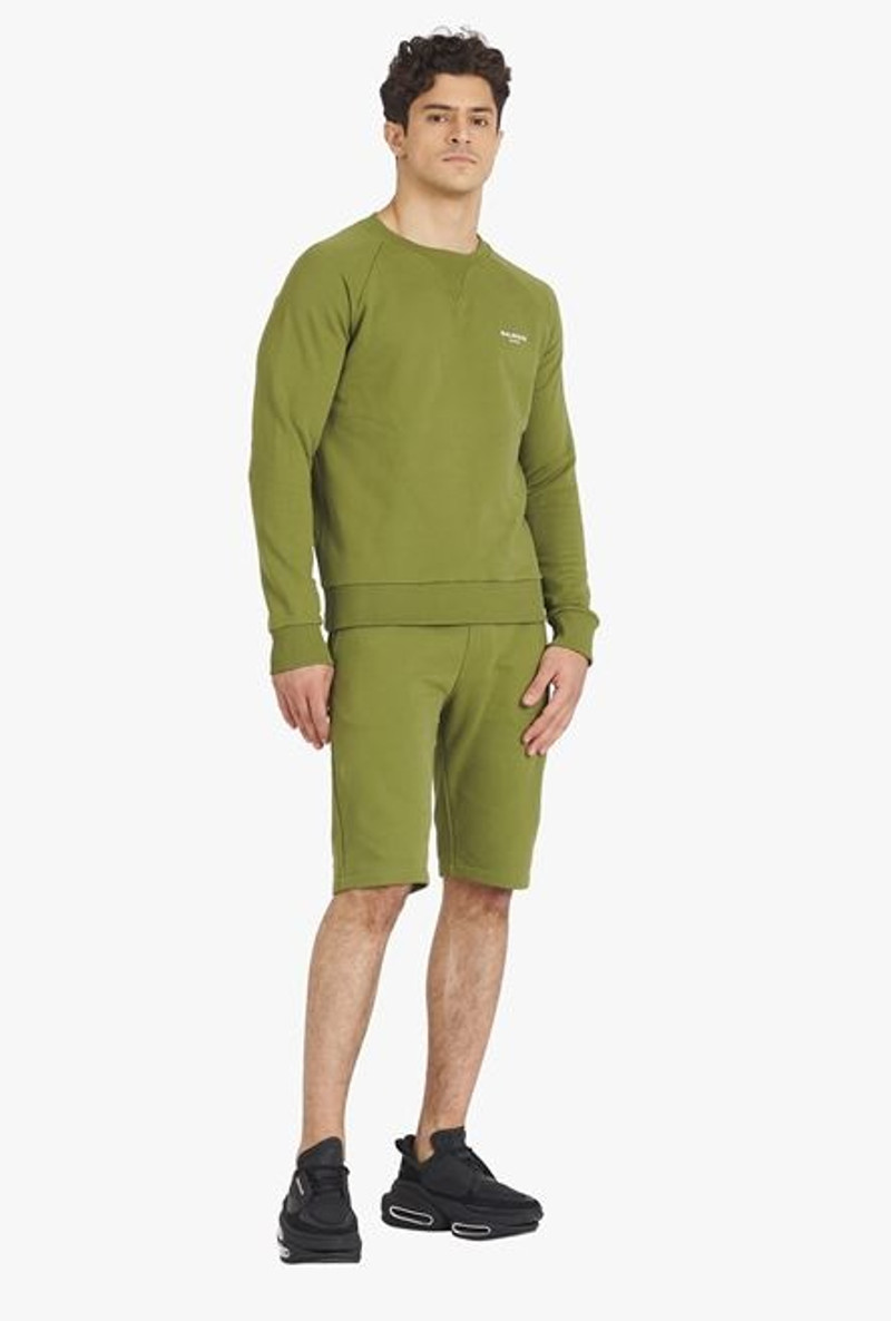 Balmain Light khaki eco-designed cotton sweatshirt with small flocked white Balmain Paris logo outlook