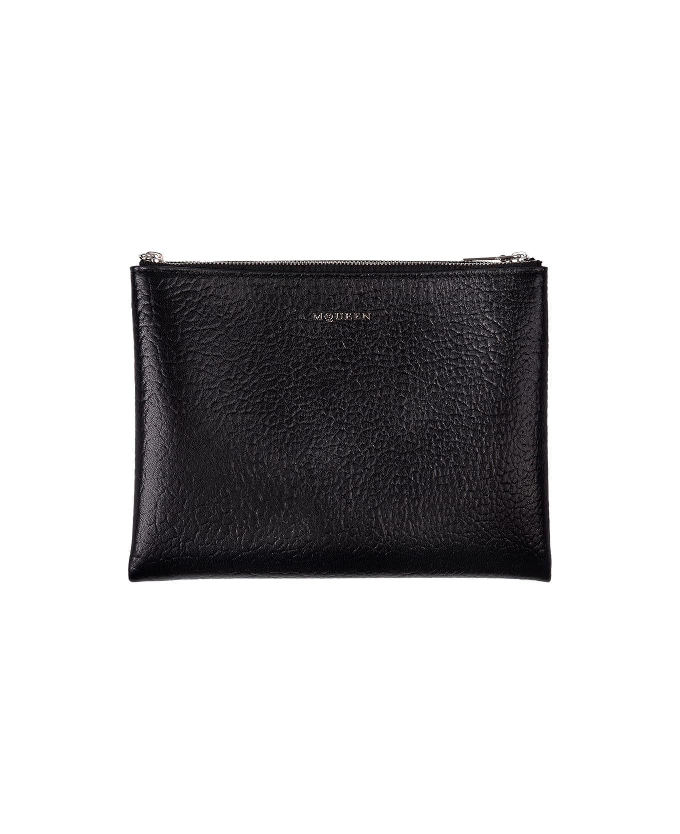 Black Hammered Leather Clutch Bag With Logo - 1