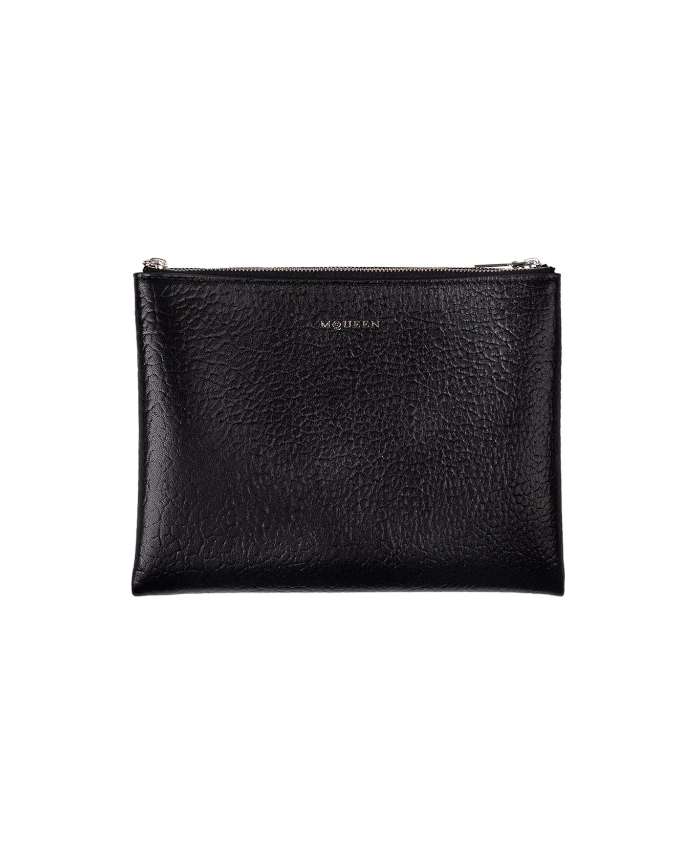 Black Hammered Leather Clutch Bag With Logo - 1