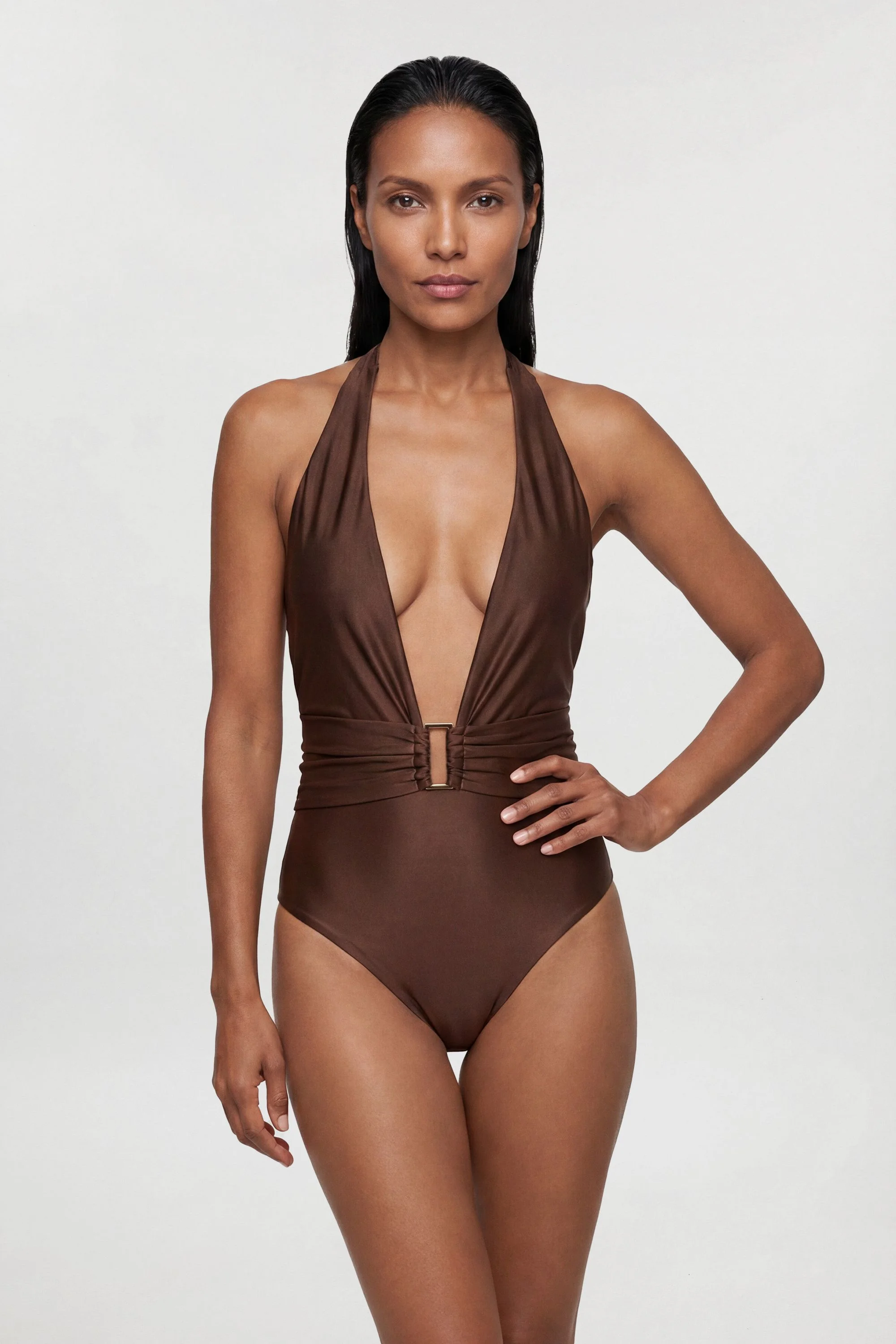Metallic Halter Neck Hardware Detail Plunge Swimsuit - 1