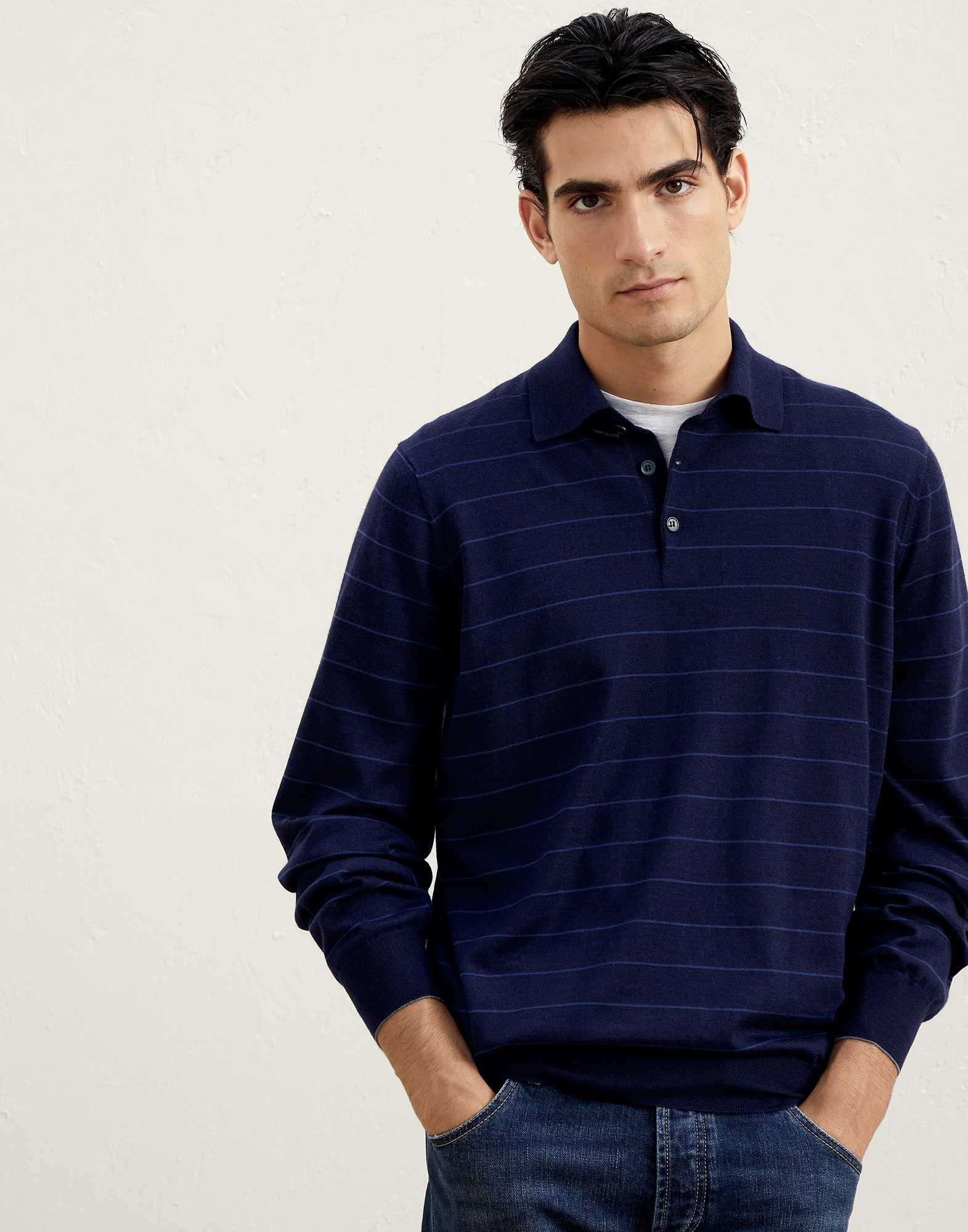 Striped lightweight polo-style sweater in virgin wool and cashmere - 1