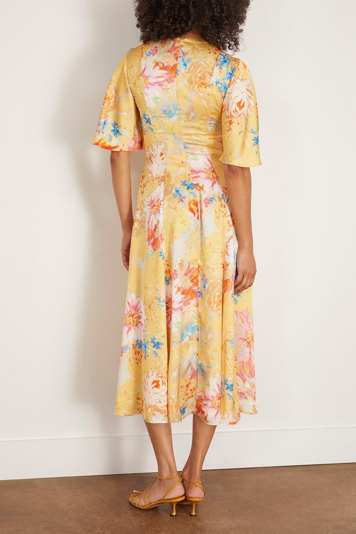 Sarah Printed Satin Midi Dress with Flutter Sleeve in Yellow Peony - 4