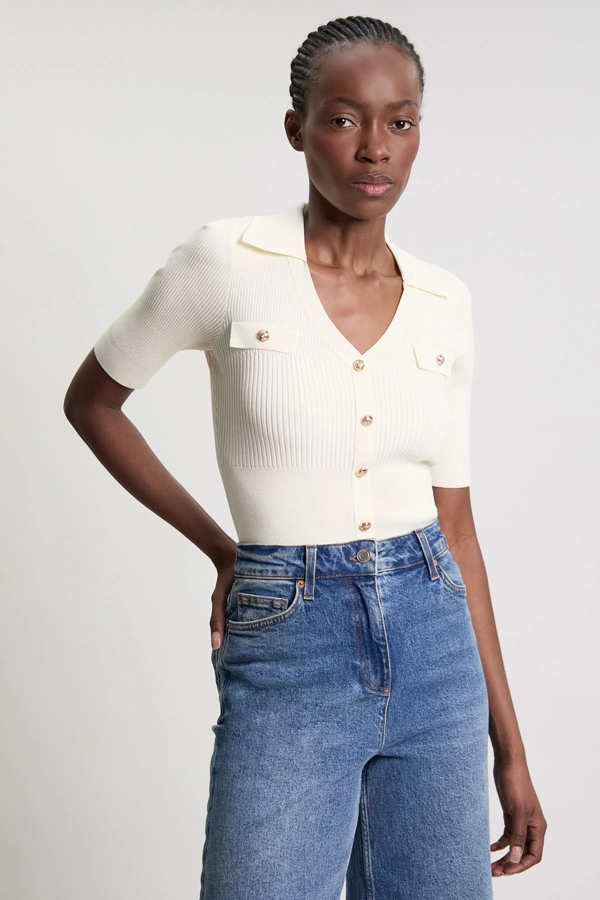 Military Trim Rib Knit Short Sleeve Collared Top - 1