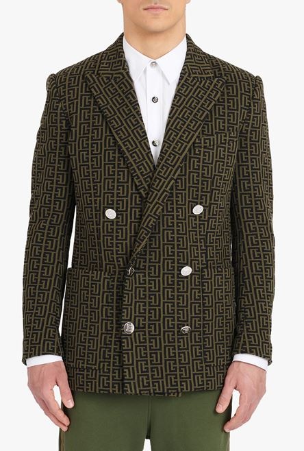 Khaki and black jacquard blazer with Balmain monogram - 5