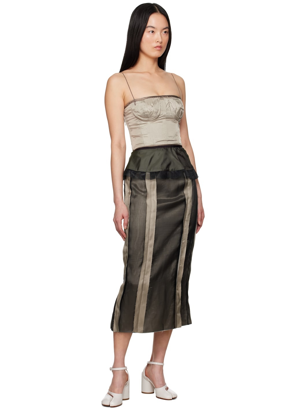 Khaki & Black Lined Silk Midi Dress - 4