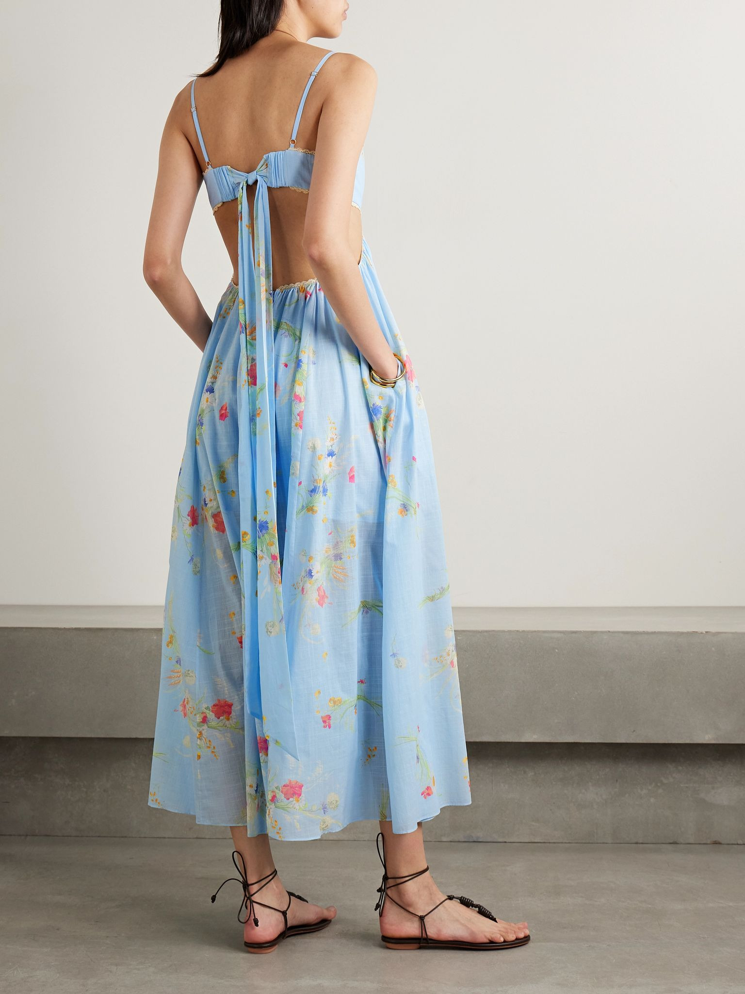 Lucky Picnic cutout crocheted lace-trimmed printed cotton-voile maxi dress Blue - 3