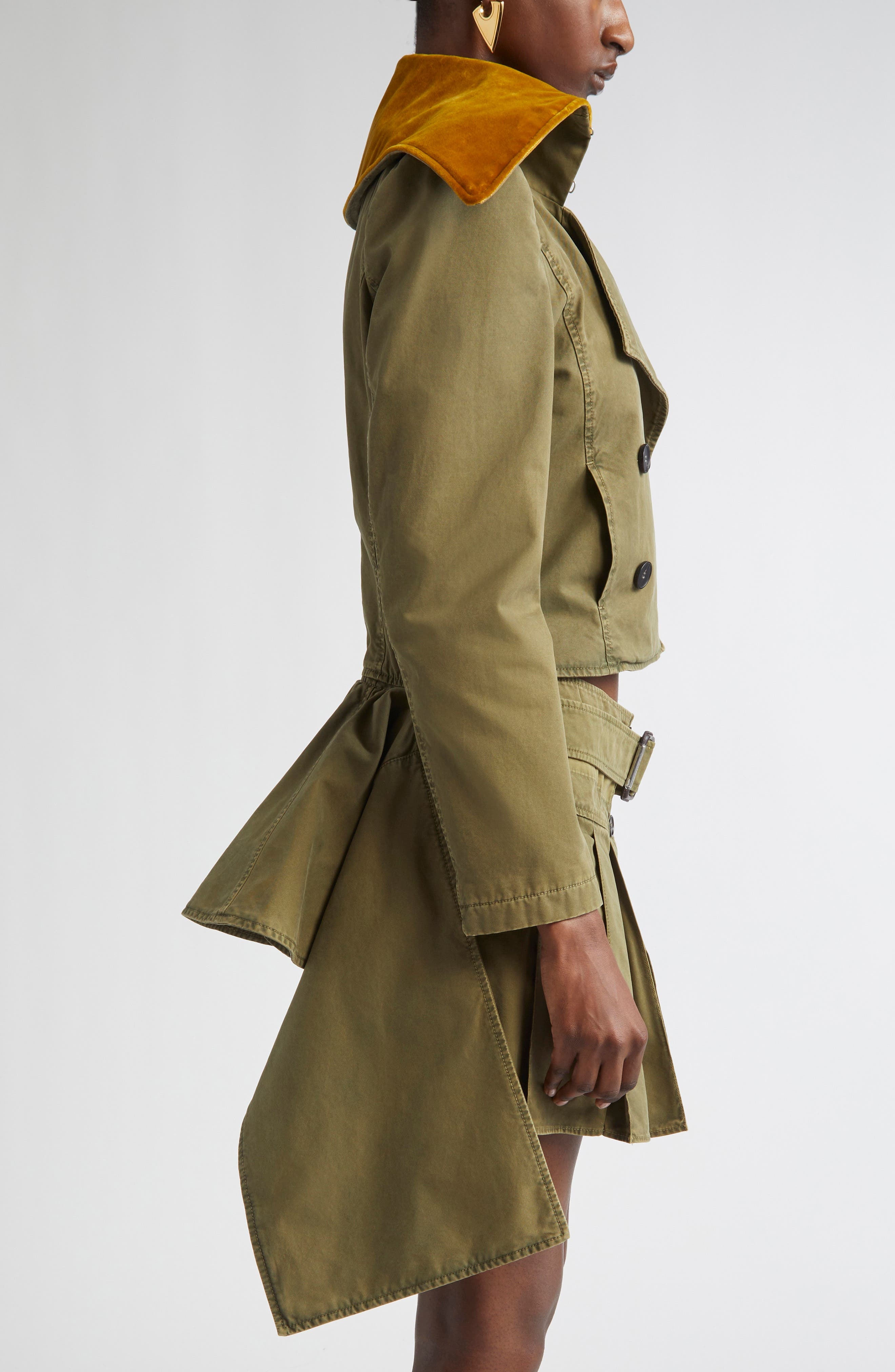 McQueen Velvet Collar Double Breasted Twill Peplum Jacket in Khaki at Nordstrom - 4