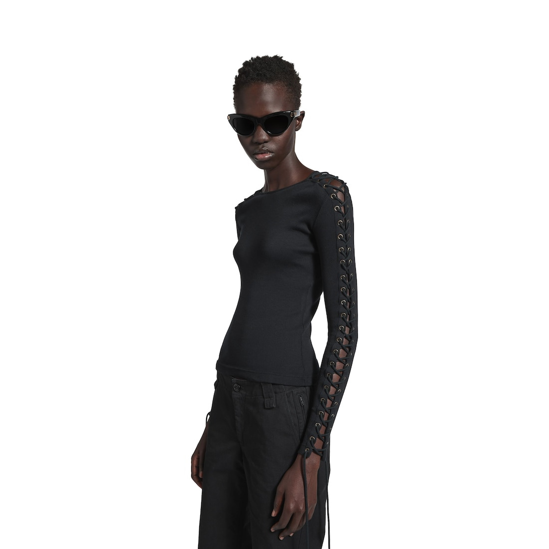 Women's Lace-up Long Sleeve T-shirt in Black - 5