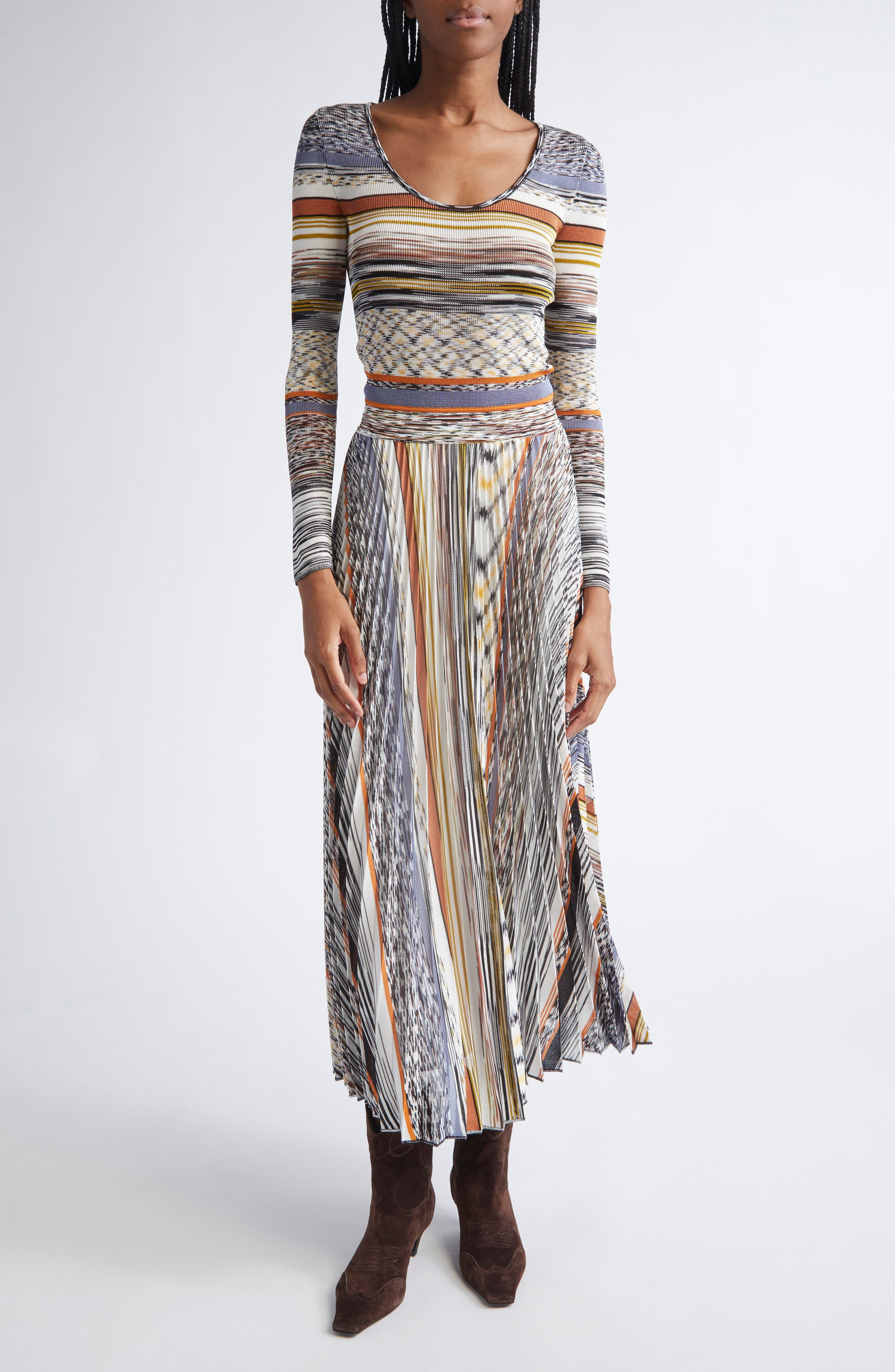 Missoni Pleated Long Sleeve Knit Dress in Ivory Multicolor Tones at Nordstrom - 1