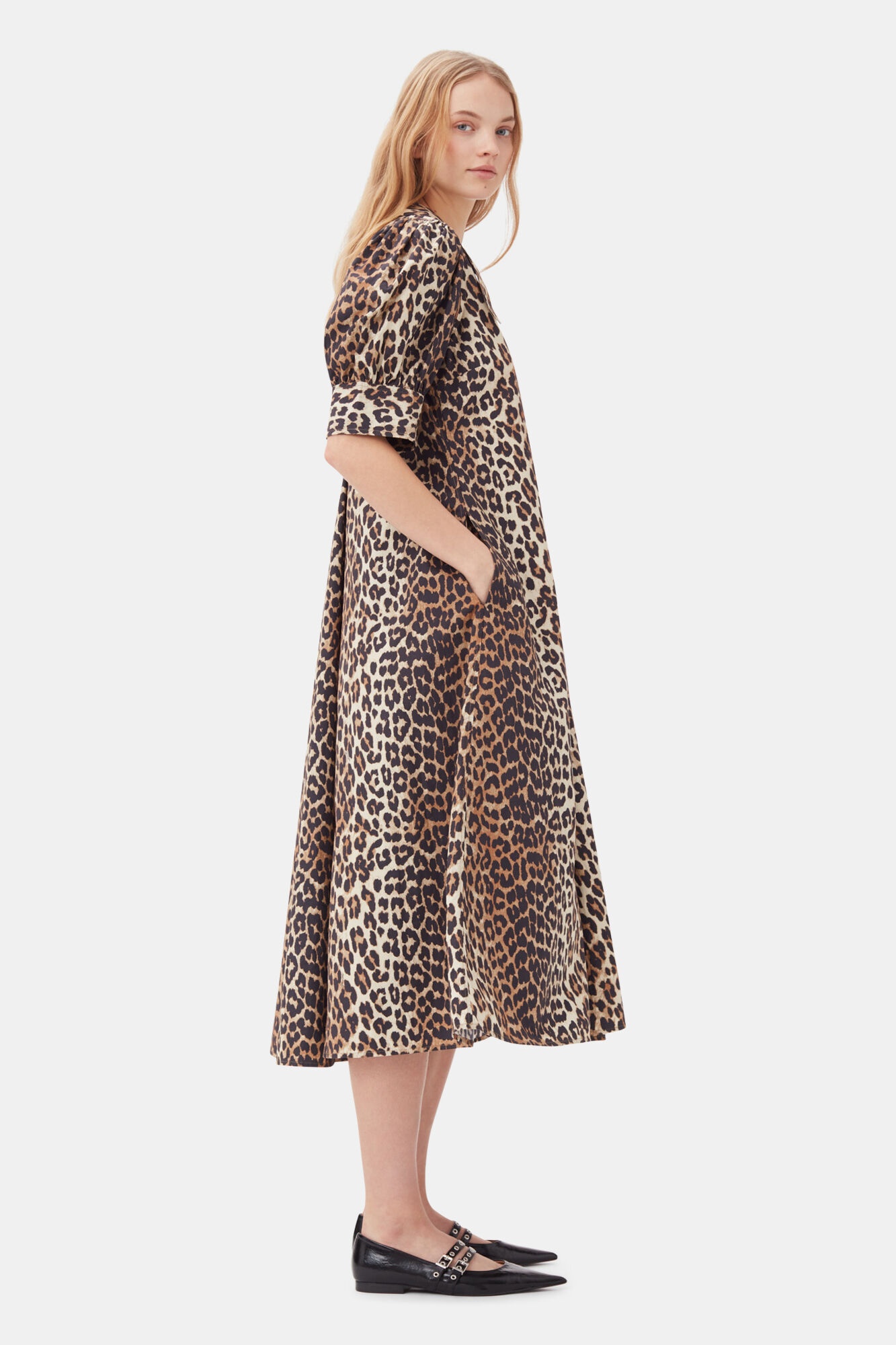 LEOPARD COTTON POPLIN V-NECK MAXI DRESS - 4