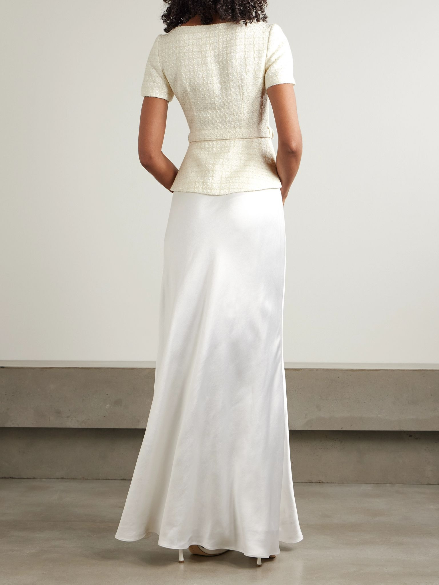 Belted embellished bouclé and satin maxi dress Cream - 3