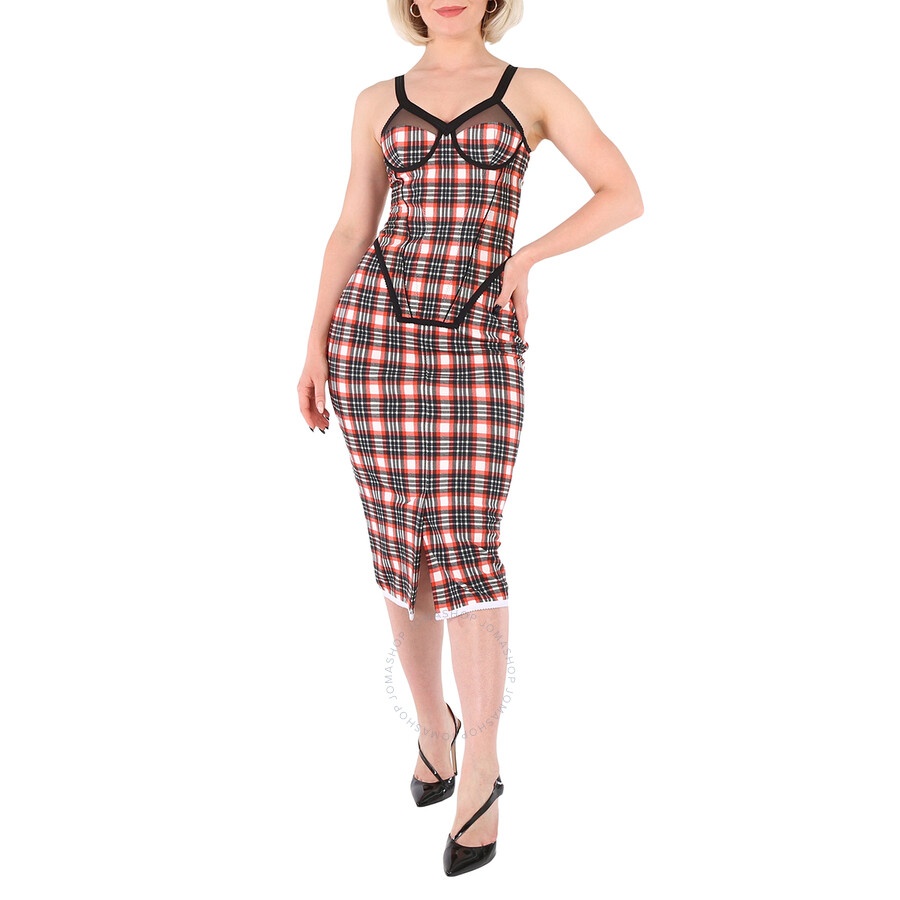 Burberry Ladies Bright Red Check Check Stretch Jersey Sleeveless Corset Dress - 3