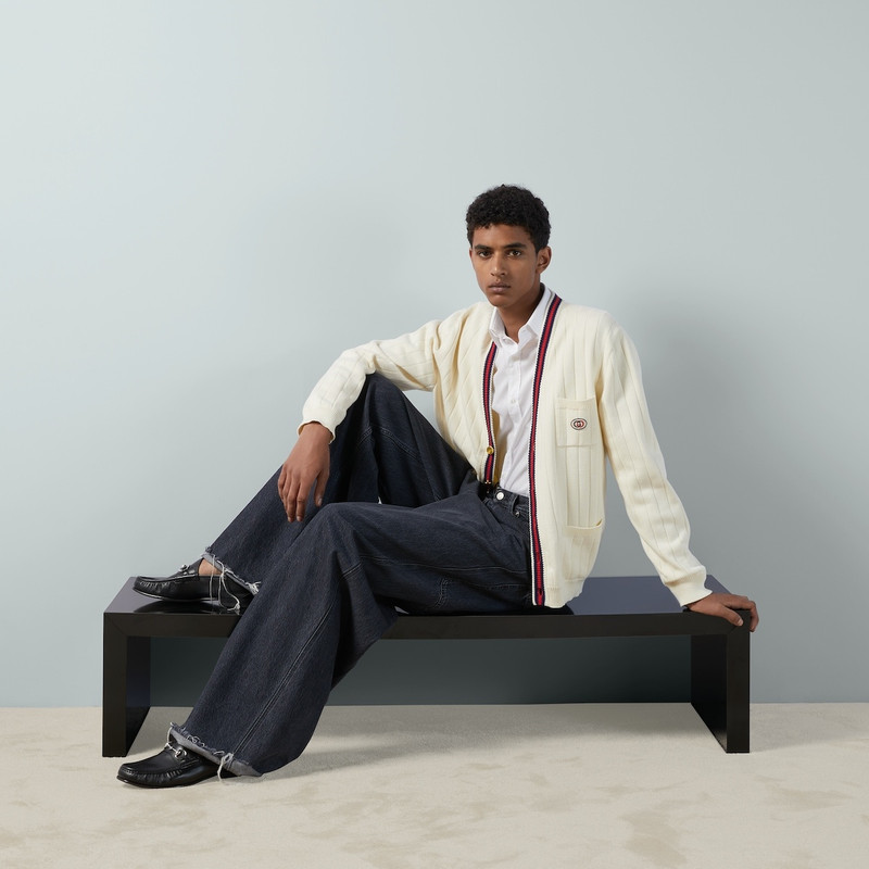 GUCCI Knit cotton V-neck cardigan with Web outlook